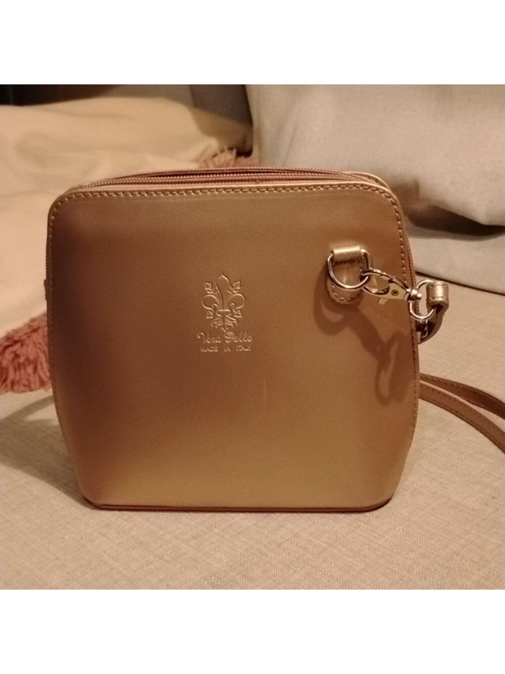 Vera Pelle Small Crossbody Bag. Trending Pale Pink. Removeable Shoulder Strap